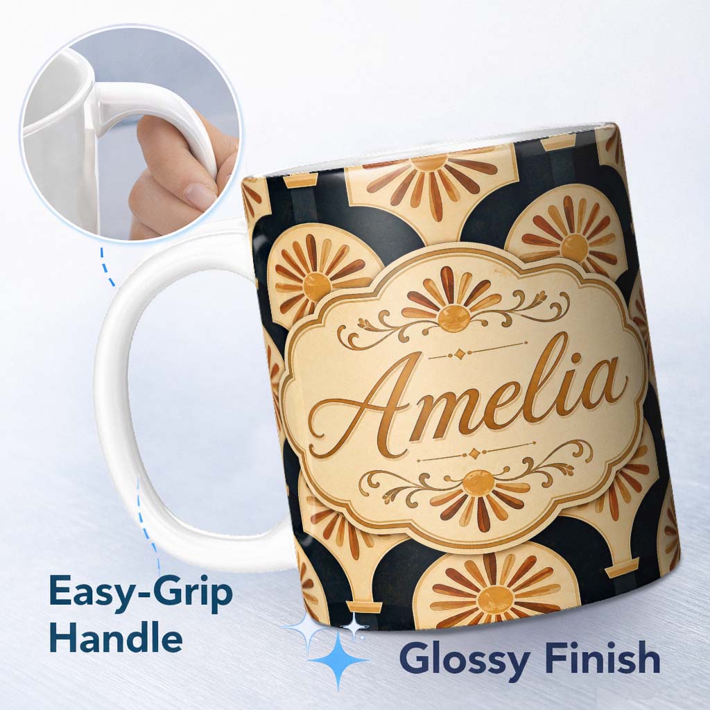 Personalized Custom Name Sunburst Arch Art Deco Vintage Seamless Pattern Perfect Gift for Her 11oz Ceramic Coffee Tea Mug White Large Handle