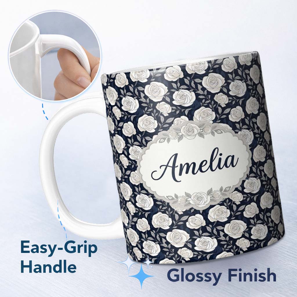 Personalized Custom Name Delicate White Roses on Pale Sage Green Background Seamless Pattern 11oz Ceramic Coffee Tea Mug White Large Handle