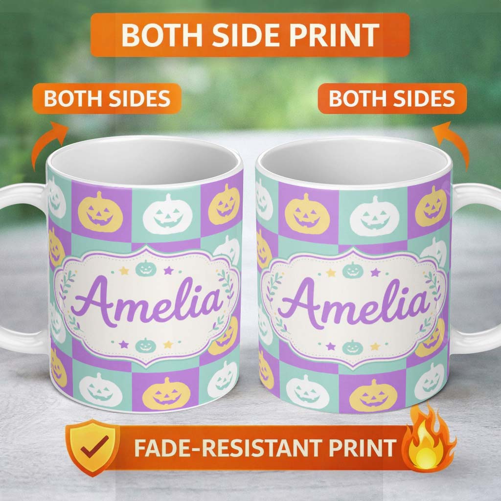 Personalized Custom Name Pastel Pumpkin Checkerboard Soft Halloween Seamless Pattern UK Name 11oz Ceramic Coffee Tea Mug White Large Handle