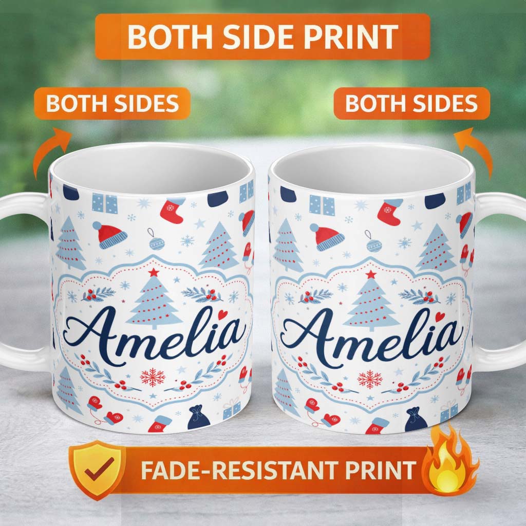 Personalized Custom Name Christmas Gifts Stockings Mittens and Trees Seamless Festive Holiday 11oz Ceramic Coffee Tea Mug White Large Handle