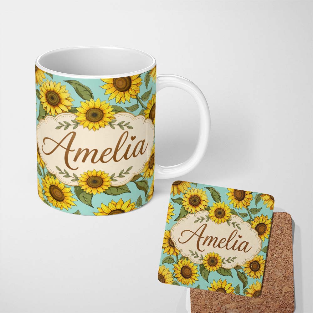 Personalized Custom Name Bright Yellow Sunflower Green Background Seamless Pattern Custom 11oz Ceramic Coffee Tea Mug White Large Handle