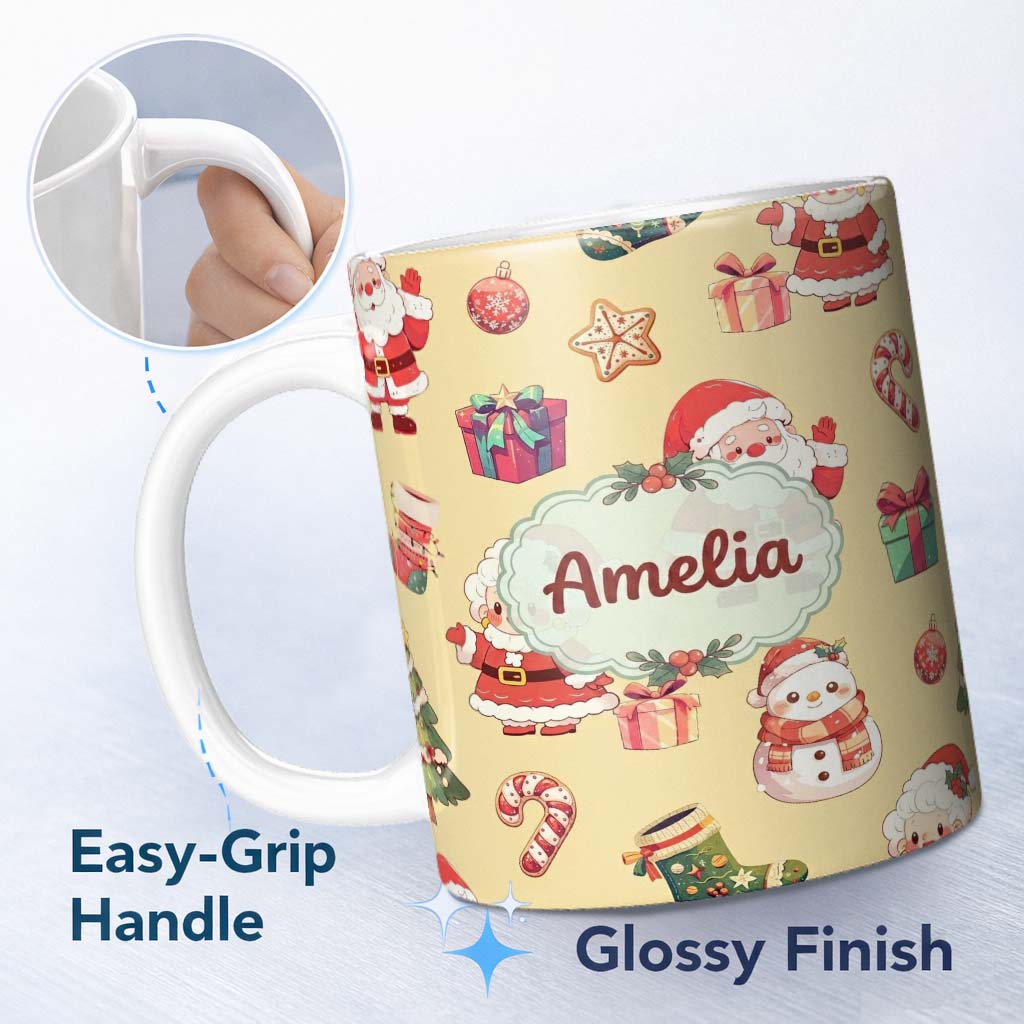 Personalized Custom Name Cute Santa Claus Mrs Claus Snowman Christmas Gift Candy Cane Yellow 11oz Ceramic Coffee Tea Mug White Large Handle