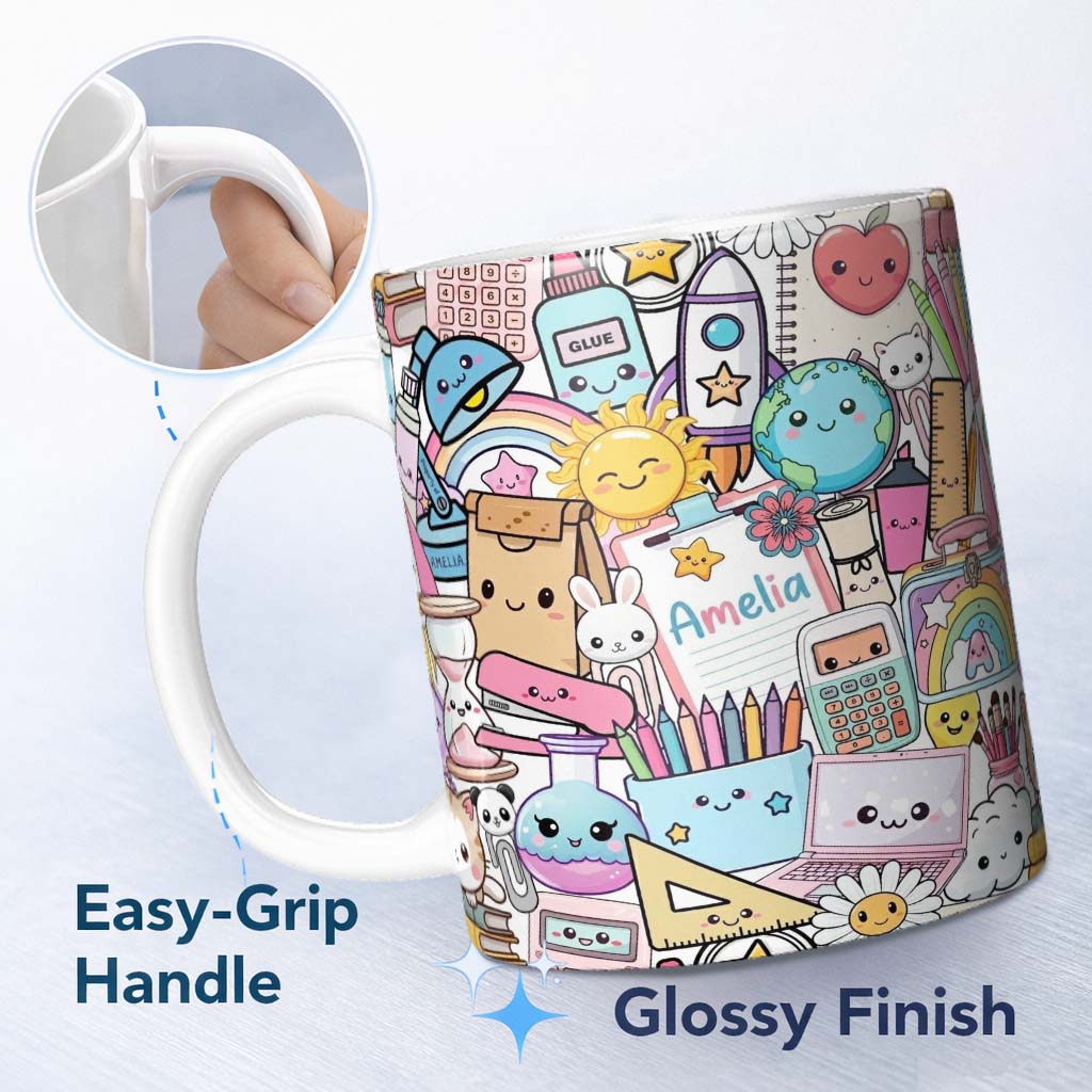 Personalized Custom Name Cute Kawaii School Supplies Science Art Cute Pattern Grey Background 11oz Ceramic Coffee Tea Mug White Large Handle