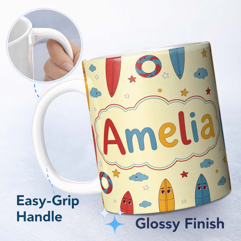 Personalized Custom Name Cute Surfboards Lifebuoys Clouds and Stars Fun Summer Beach Seamless 11oz Ceramic Coffee Tea Mug White Large Handle