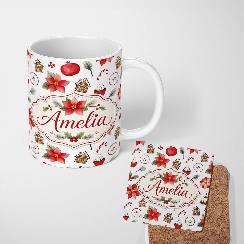 Personalized Custom Name Poinsettia Flower Pomegranate Holiday Treats Seamless Pattern Lovely 11oz Ceramic Coffee Tea Mug White Large Handle