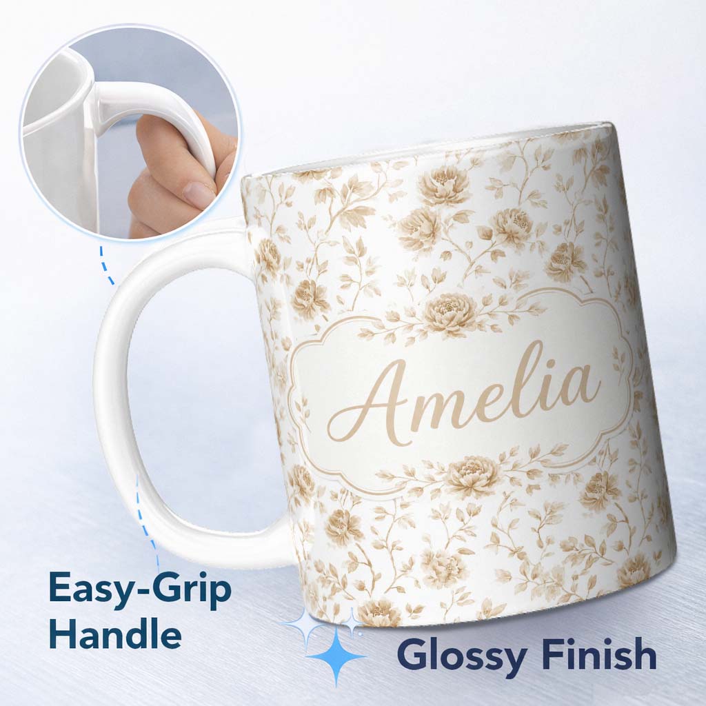 Personalized Custom Name Vintage Beige Floral Botanical Elegant Seamless Pattern Lovely 11oz Ceramic Coffee Tea Mug White Large Handle