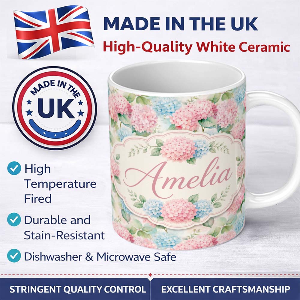 Personalized Custom Name Delicate Pastel Pink and Blue Hydrangea Floral Seamless Pattern 11oz Ceramic Coffee Tea Mug White Large Handle