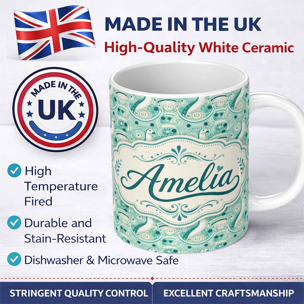 Personalized Custom Name Decorative Stylised Seals with Swirl Ocean Motifs Teal Seamless 11oz Ceramic Coffee Tea Mug White Large Handle