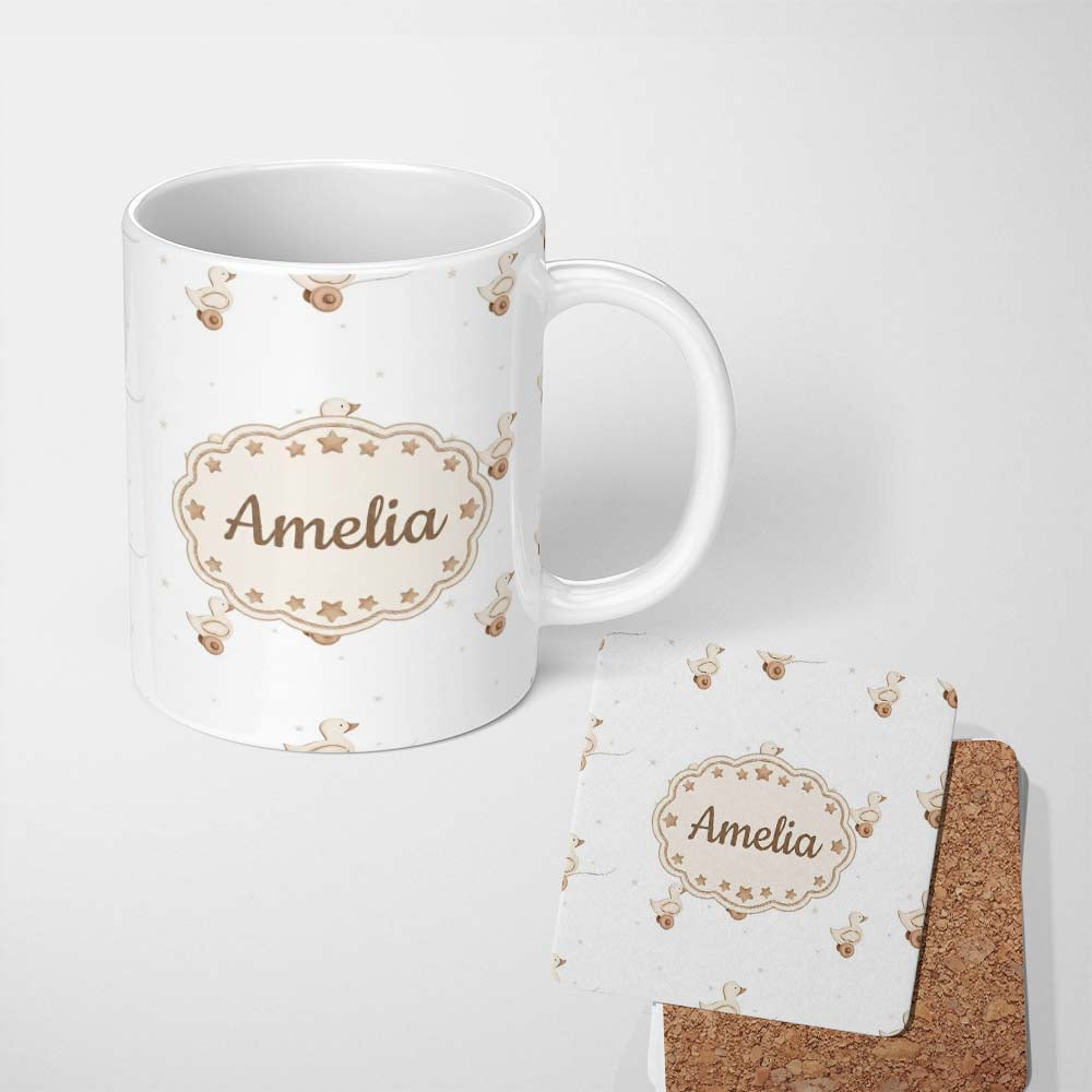 Personalized Custom Name Cute Wooden Duck Toy Seamless Pattern on Soft Neutral Background 11oz Ceramic Coffee Tea Mug White Large Handle