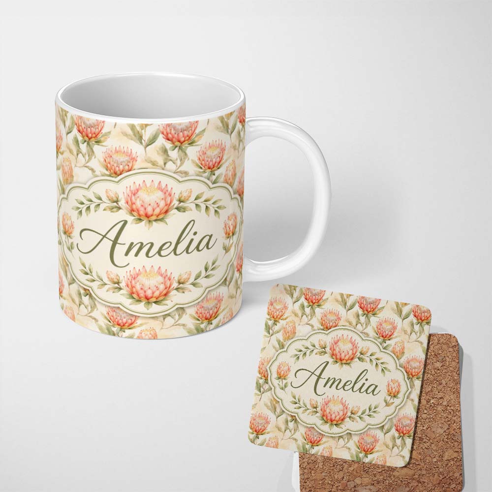 Personalized Custom Name Light Peach Protea Botanical Illustration Seamless Pattern Lovely 11oz Ceramic Coffee Tea Mug White Large Handle