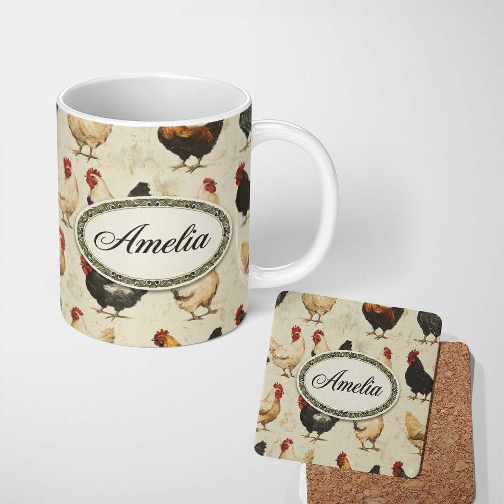 Personalized Custom Name Country Farm Chicken Variety Illustration Seamless Pattern Lovely 11oz Ceramic Coffee Tea Mug White Large Handle
