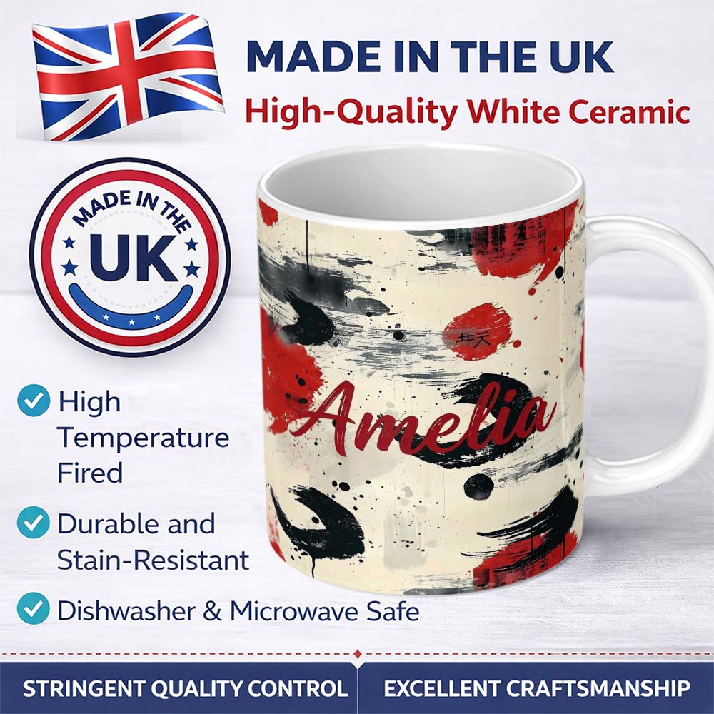 Personalized Custom Name Decorative Japanese Bento Box Lids with Floral and Wave Patterns 11oz Ceramic Coffee Tea Mug White Large Handle
