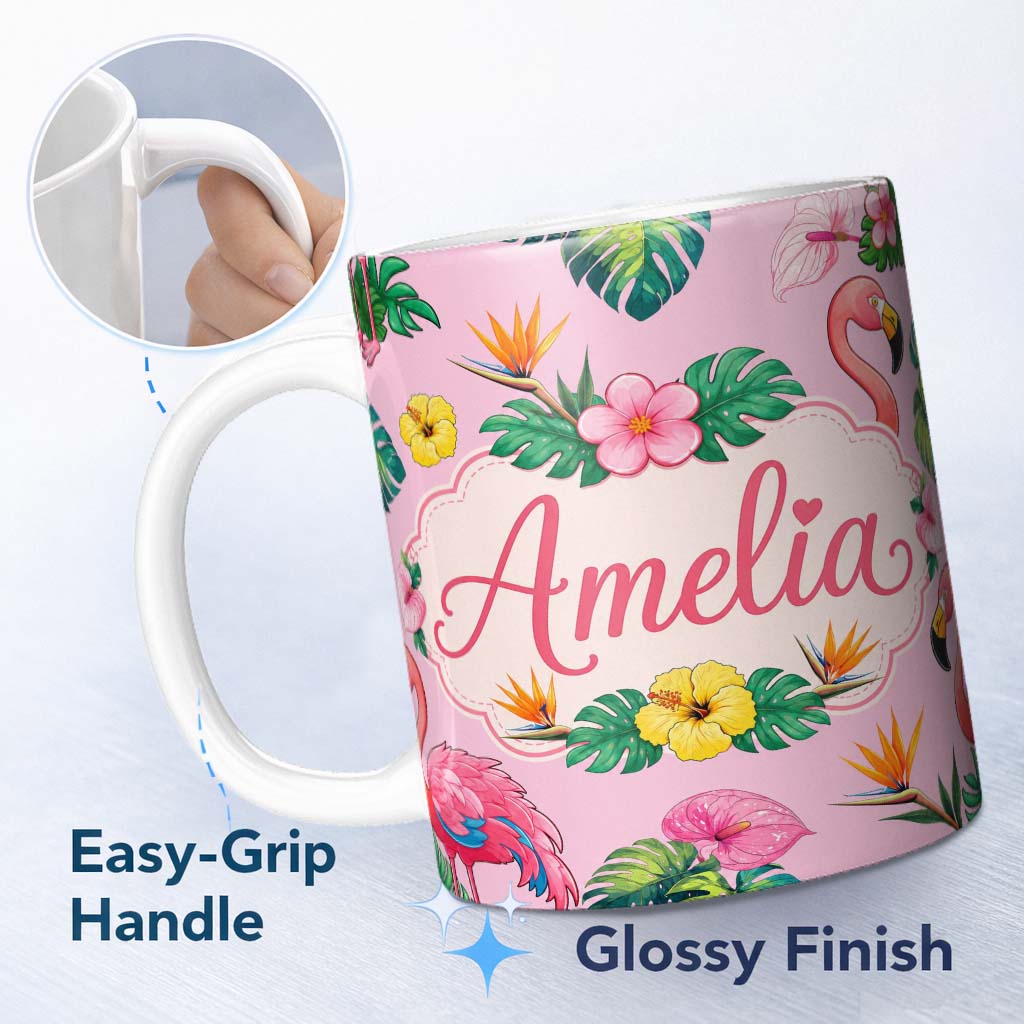 Personalized Custom Name Tropical Flamingo Bird with Exotic Flowers Leaves Pattern Soft Pink 11oz Ceramic Coffee Tea Mug White Large Handle
