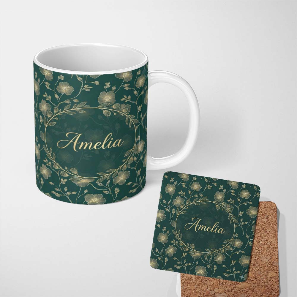 Personalized Custom Name Luxury Dark Teal Floral Pattern with Fine Gold Line Art Blossoms 11oz Ceramic Coffee Tea Mug White Large Handle