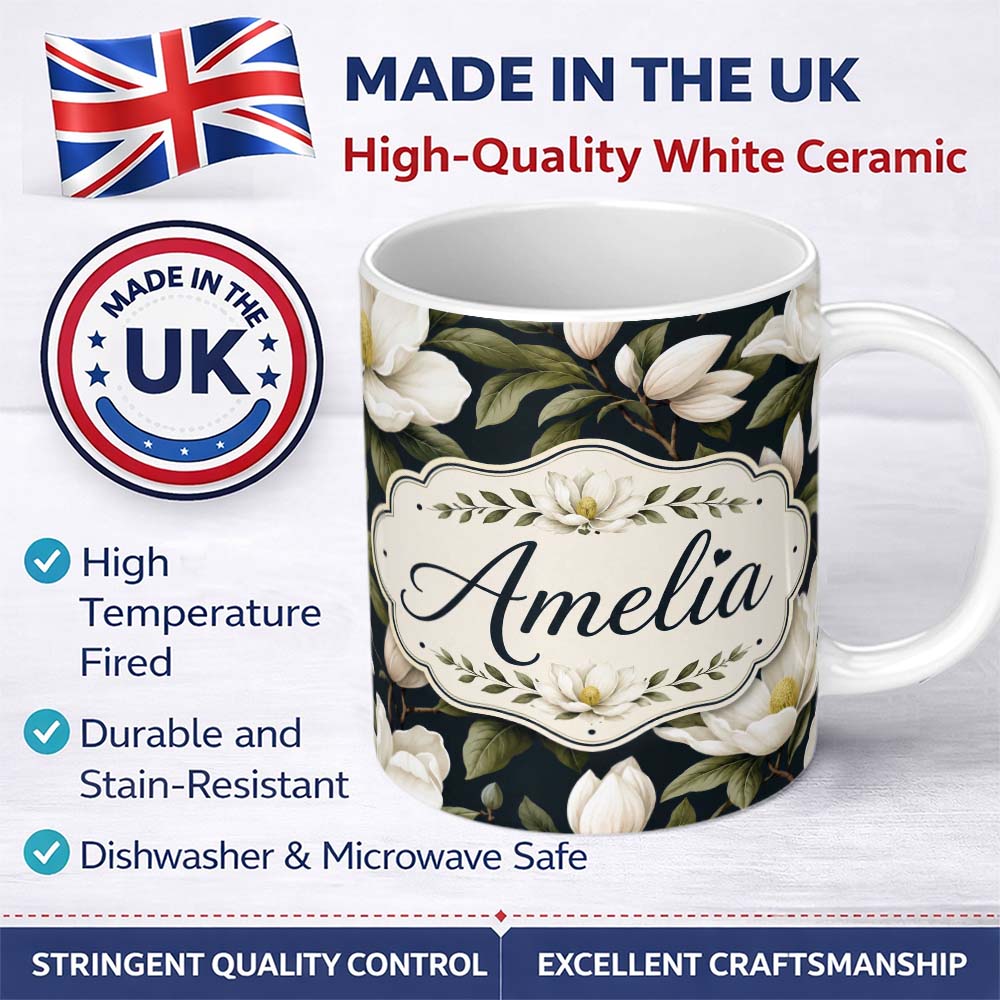 Personalized Custom Name White Magnolia Floral Design on Dark Background Seamless Pattern 11oz Ceramic Coffee Tea Mug White Large Handle