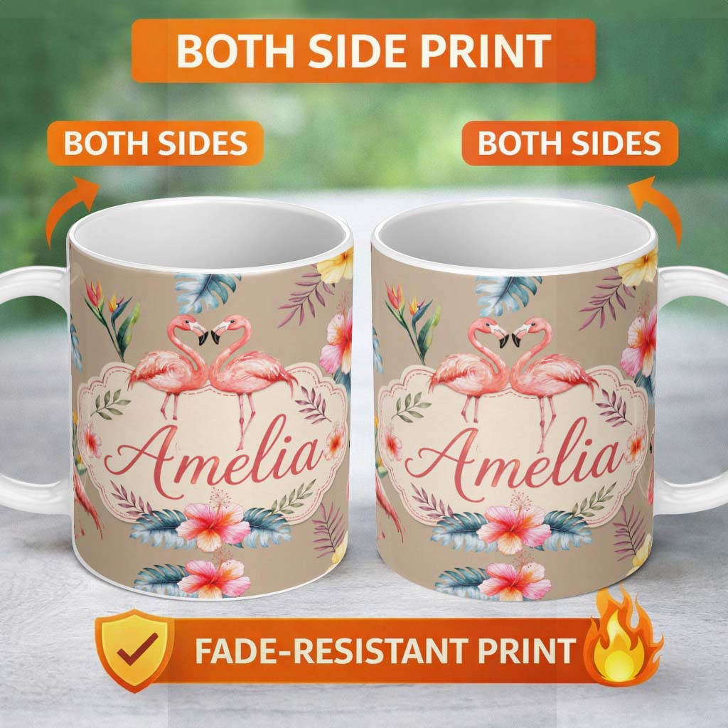 Personalized Custom Name Elegant Pink Flamingos Tropical Flowers on Tan Background Seamless 11oz Ceramic Coffee Tea Mug White Large Handle