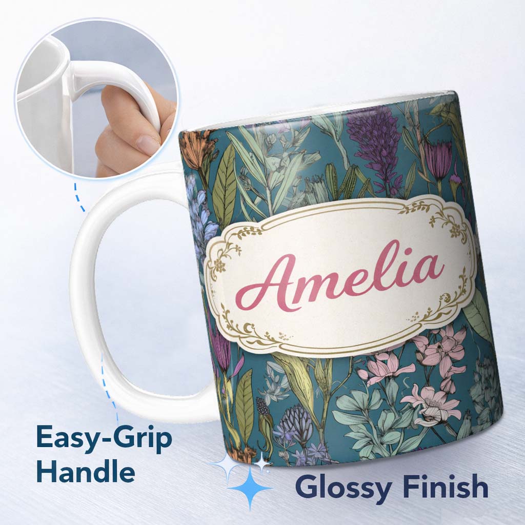 Personalized Custom Name Elegant Botanical Floral Line Art Green Background Seamless Pattern 11oz Ceramic Coffee Tea Mug White Large Handle