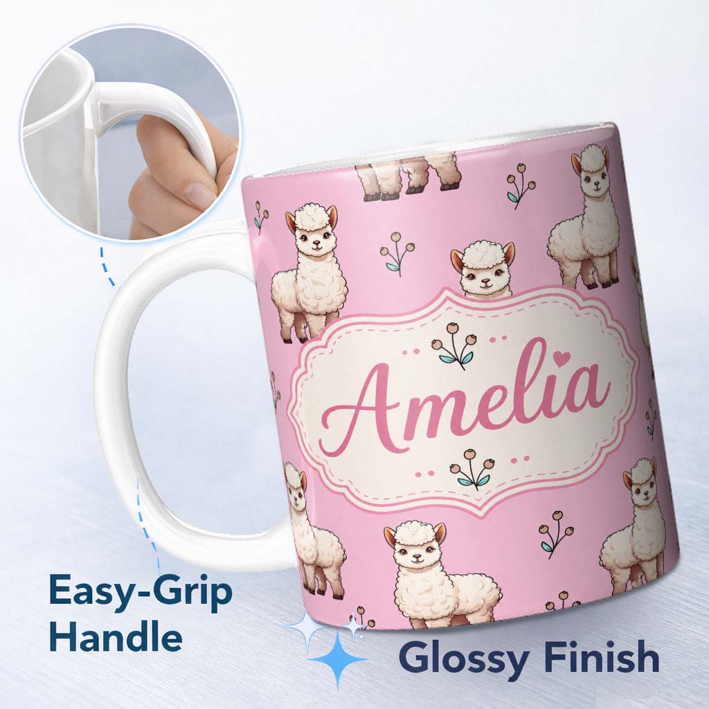 Personalized Custom Name Cute Alpaca Llama Pattern with Floral Sprigs on Pink Background 11oz Ceramic Coffee Tea Mug White Large Handle