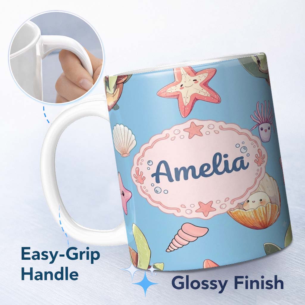 Personalized Custom Name Cute Kawaii Sea Turtle Starfish Shells Ocean Friends Blue Background 11oz Ceramic Coffee Tea Mug White Large Handle