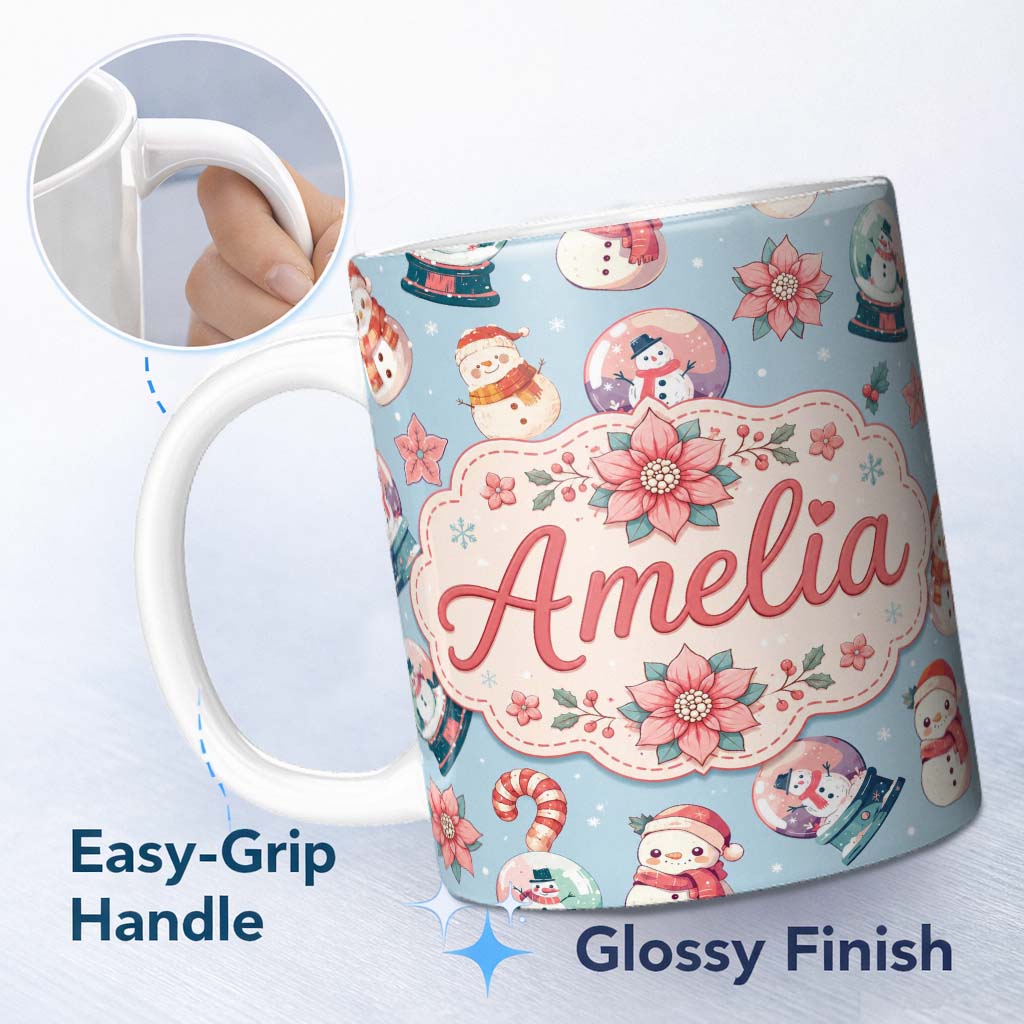 Personalized Custom Name Cute Snowman Snow Globe Poinsettia Flower Christmas Pattern Blue 11oz Ceramic Coffee Tea Mug White Large Handle