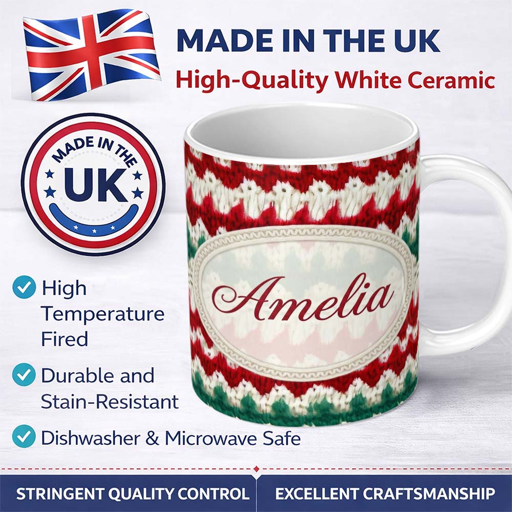 Personalized Custom Name Rustic Red Green Watercolor Knit Texture Seamless Pattern Lovely 11oz Ceramic Coffee Tea Mug White Large Handle