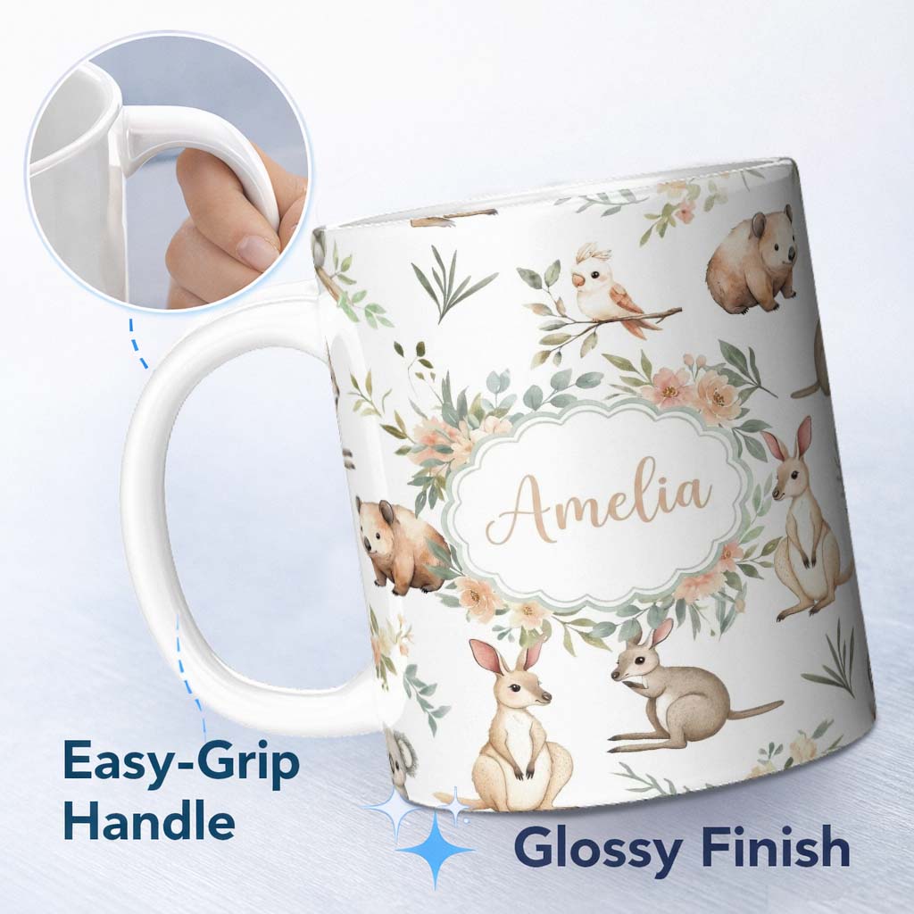 Personalized Custom Name Woodland Animals Koala Kangaroo Bear Floral Light Grey Seamless 11oz Ceramic Coffee Tea Mug White Large Handle