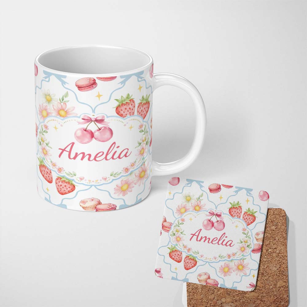 Personalized Custom Name Strawberry Cherry Daisy White Blue Outline Cute Coquette Floral 11oz Ceramic Coffee Tea Mug White Large Handle