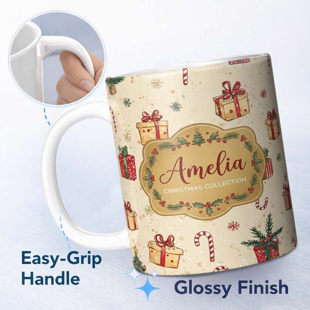 Personalized Custom Name Christmas Tree Candy Cane Gift Box Snowflakes Seamless Pattern 11oz Ceramic Coffee Tea Mug White Large Handle