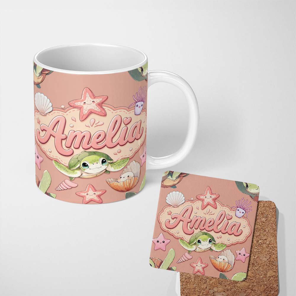 Personalized Custom Name Cute Kawaii Sea Turtle Starfish Shells Ocean Friends Peach Lovely 11oz Ceramic Coffee Tea Mug White Large Handle