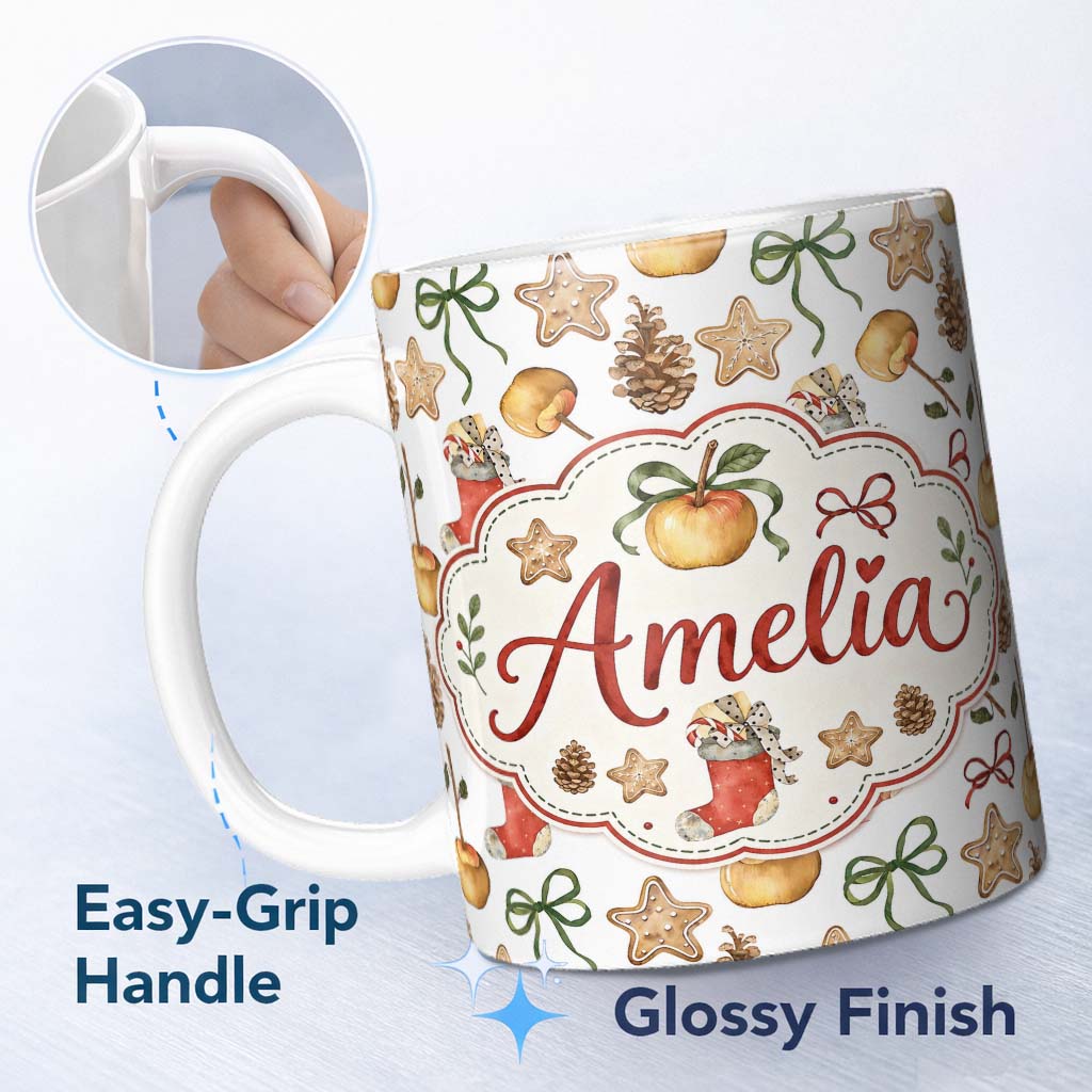 Personalized Custom Name Cute Christmas Apples Pinecone Cookies Bows Seamless Pattern Lovely 11oz Ceramic Coffee Tea Mug White Large Handle