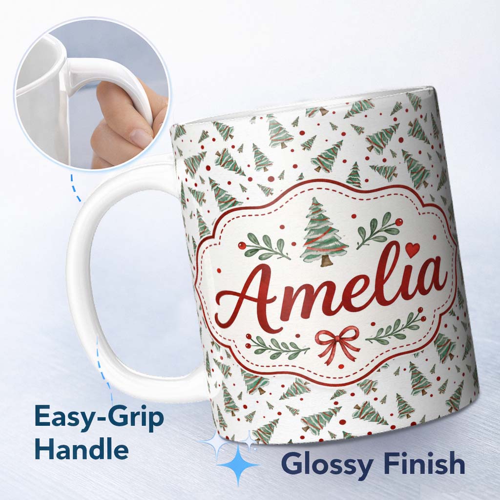 Personalized Custom Name Watercolor Christmas Trees with Red Snow Dots Seamless Pattern 11oz Ceramic Coffee Tea Mug White Large Handle