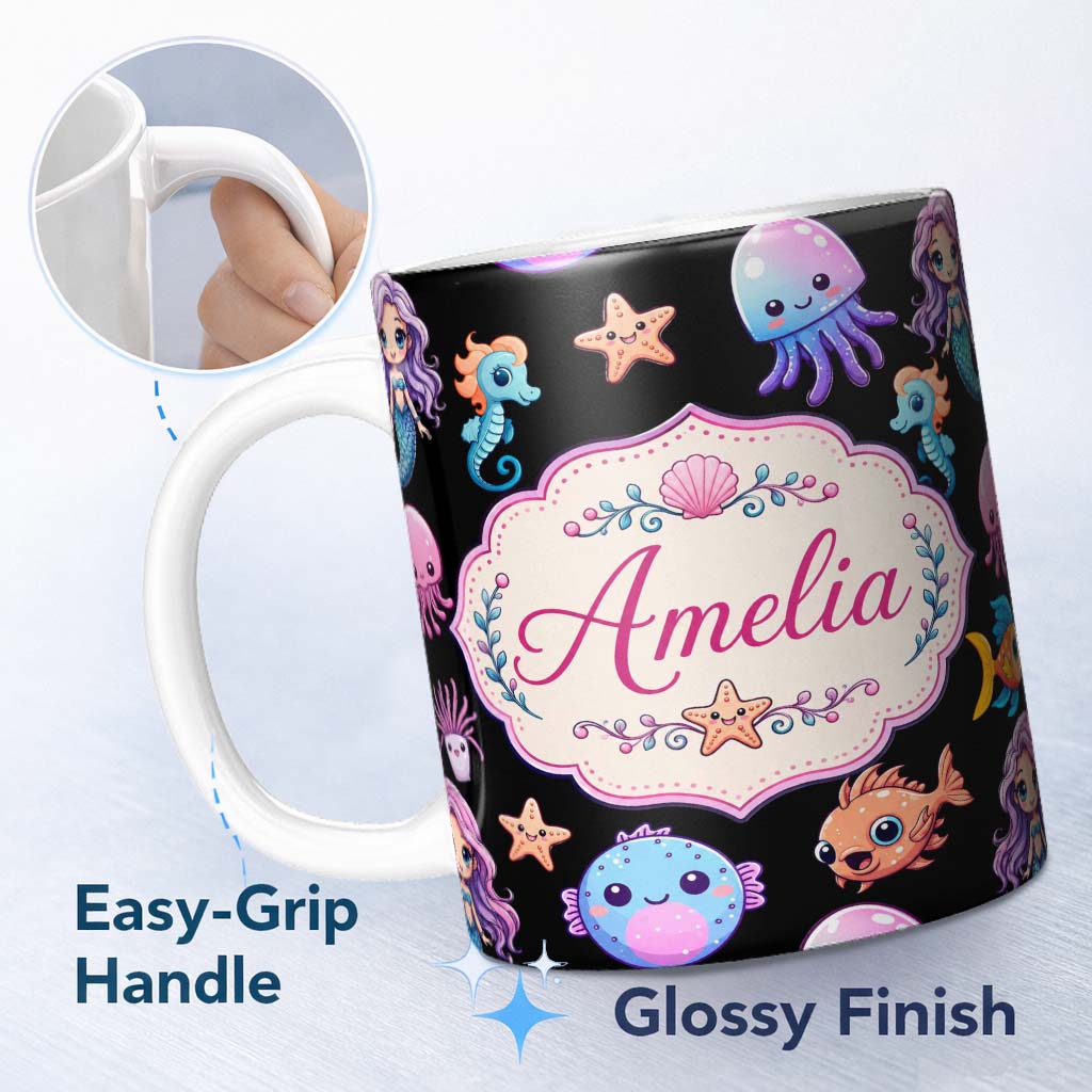 Personalized Custom Name Cute Kawaii Mermaid and Sea Creatures Seamless Ocean Pattern on 11oz Ceramic Coffee Tea Mug White Large Handle