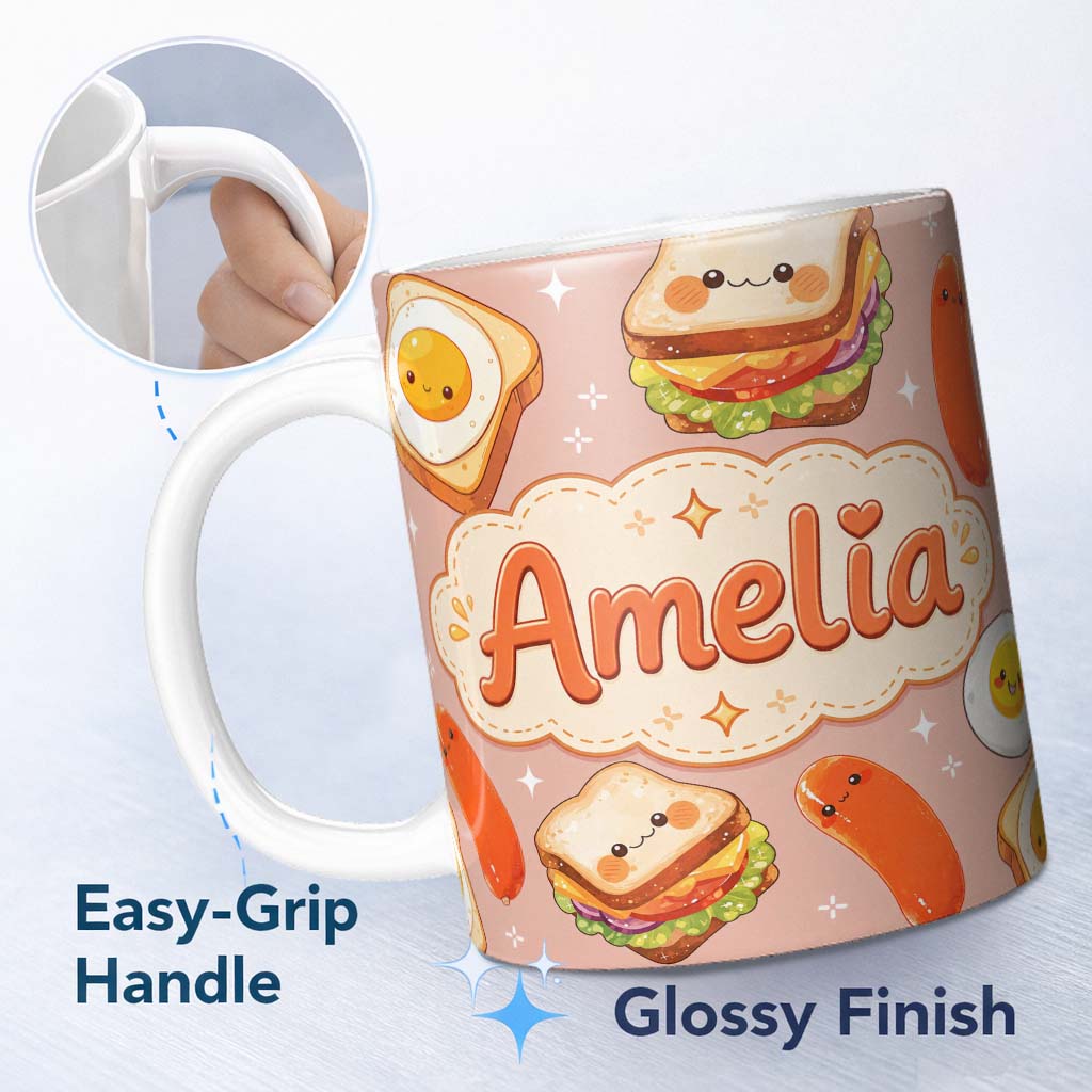 Personalized Custom Name Kawaii Breakfast Eggs Sausage and Sandwich Beige Seamless Pattern 11oz Ceramic Coffee Tea Mug White Large Handle