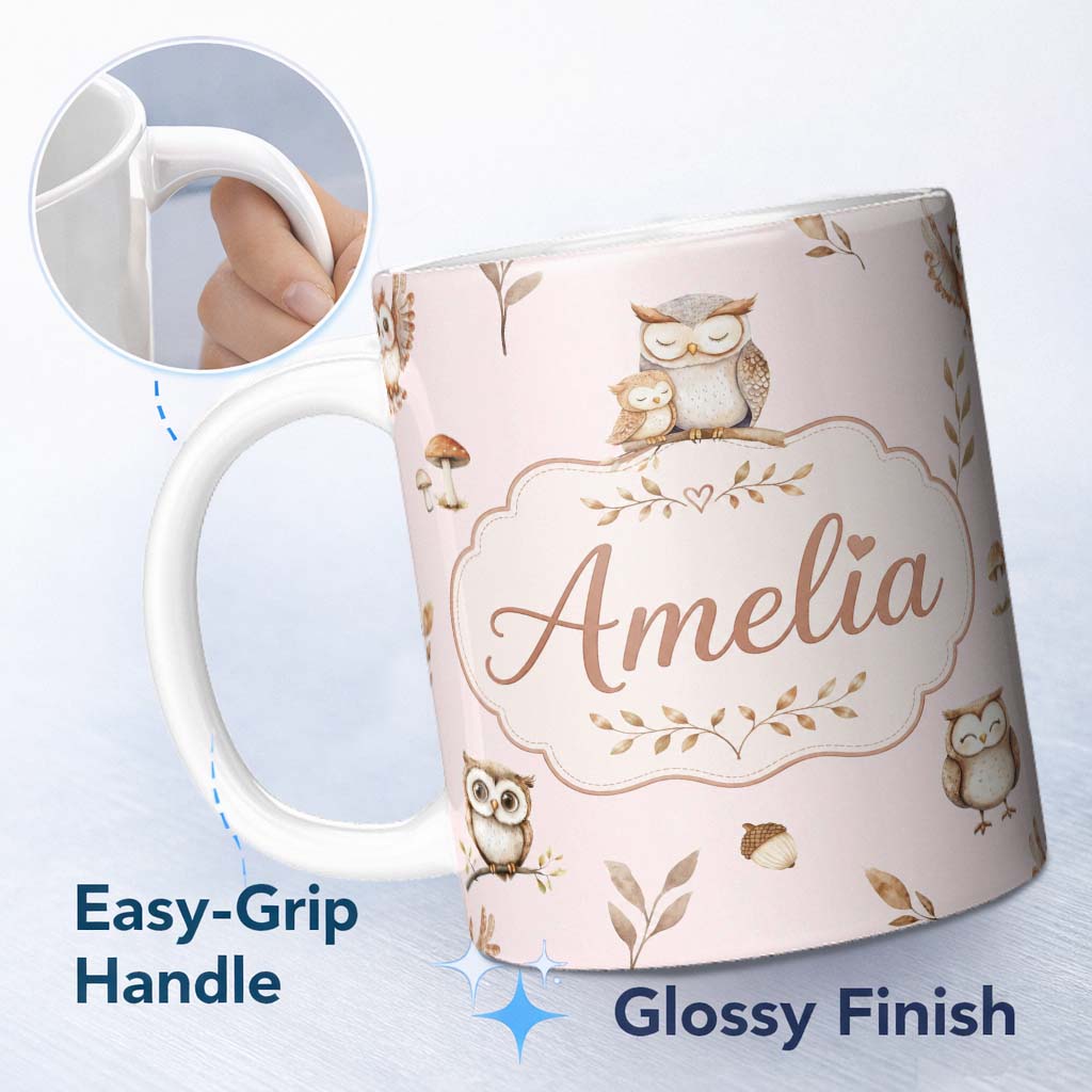 Personalized Custom Name Cute Woodland Owls Mushrooms and Leaves Soft Blush Background Lovely 11oz Ceramic Coffee Tea Mug White Large Handle