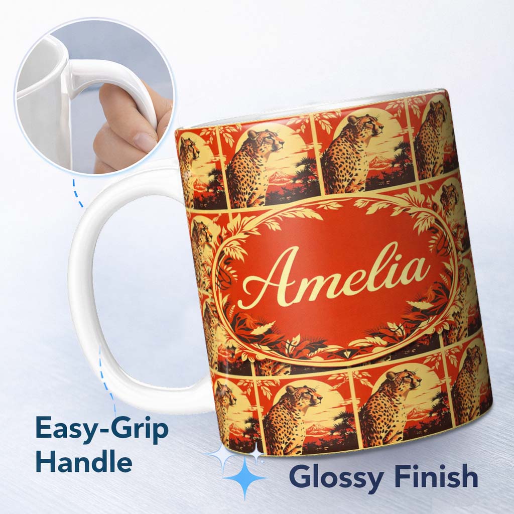 Personalized Custom Name Vintage Leopard Sunset Tropical Seamless Pattern Cute Unique Gift 11oz Ceramic Coffee Tea Mug White Large Handle