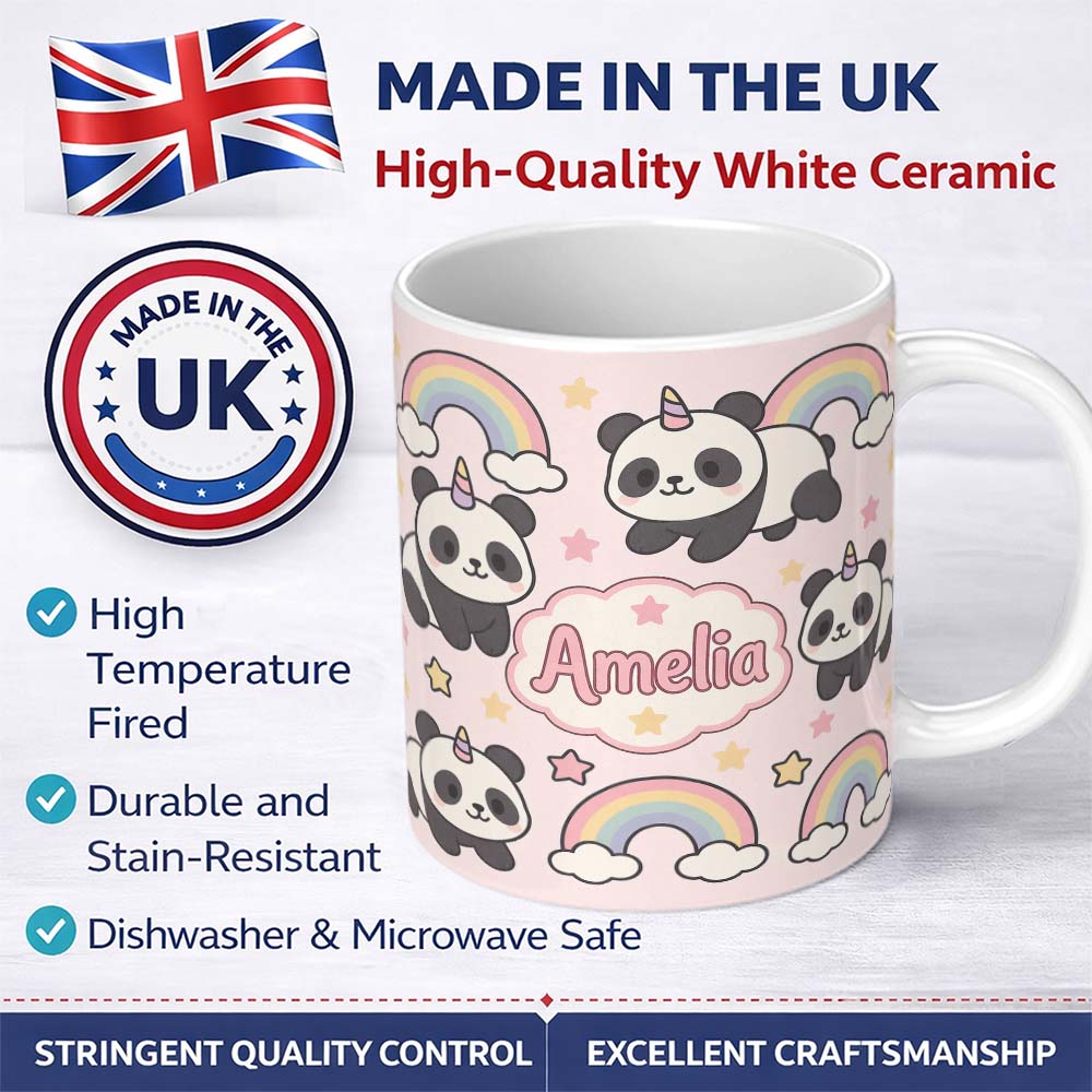 Personalized Custom Name Cute Panda Unicorn Cartoon Animal Pattern Beautiful Coffee Cup 11oz Ceramic Coffee Tea Mug White Large Handle