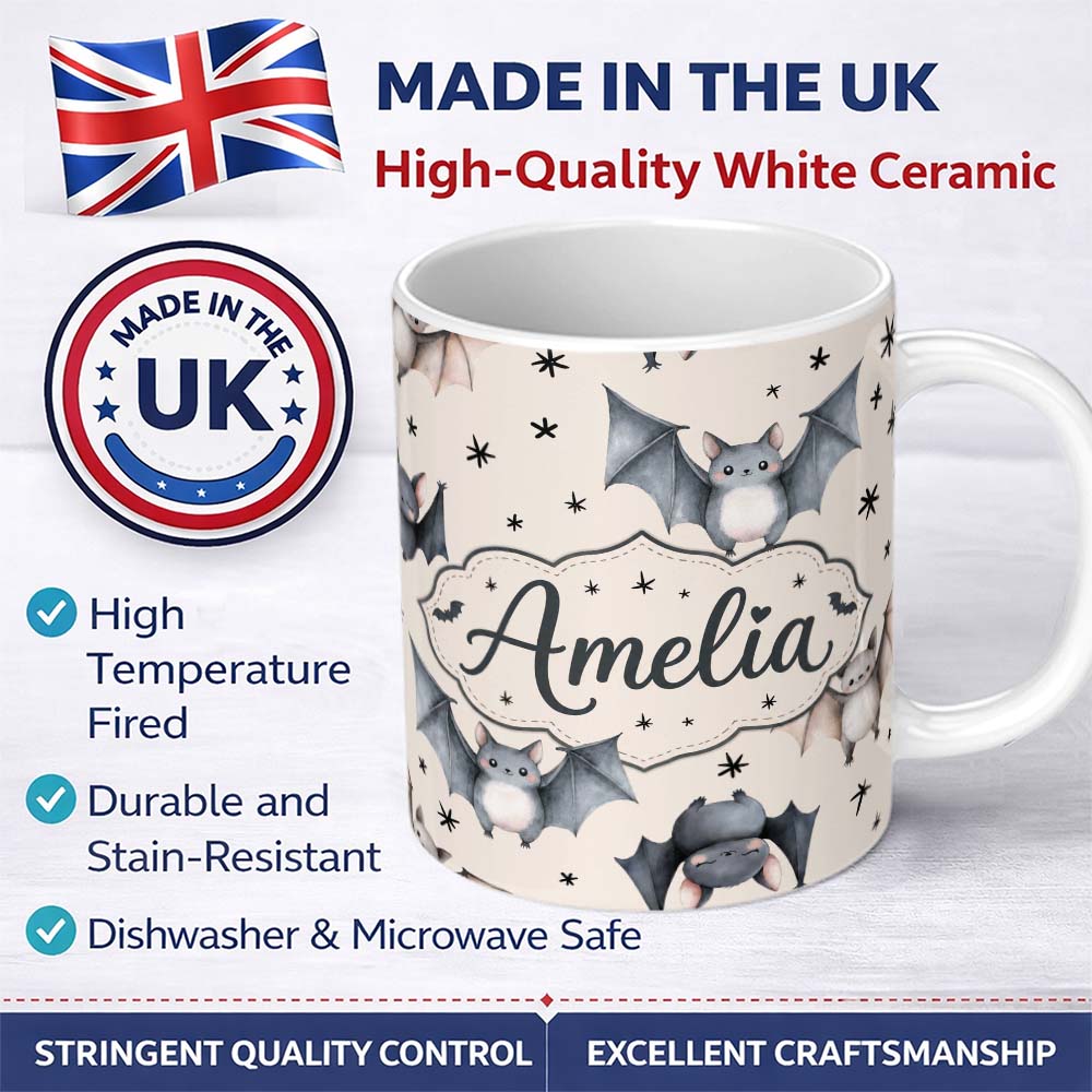 Personalized Custom Name Cute Baby Bats Flying with Stars Soft Beige Background Seamless 11oz Ceramic Coffee Tea Mug White Large Handle