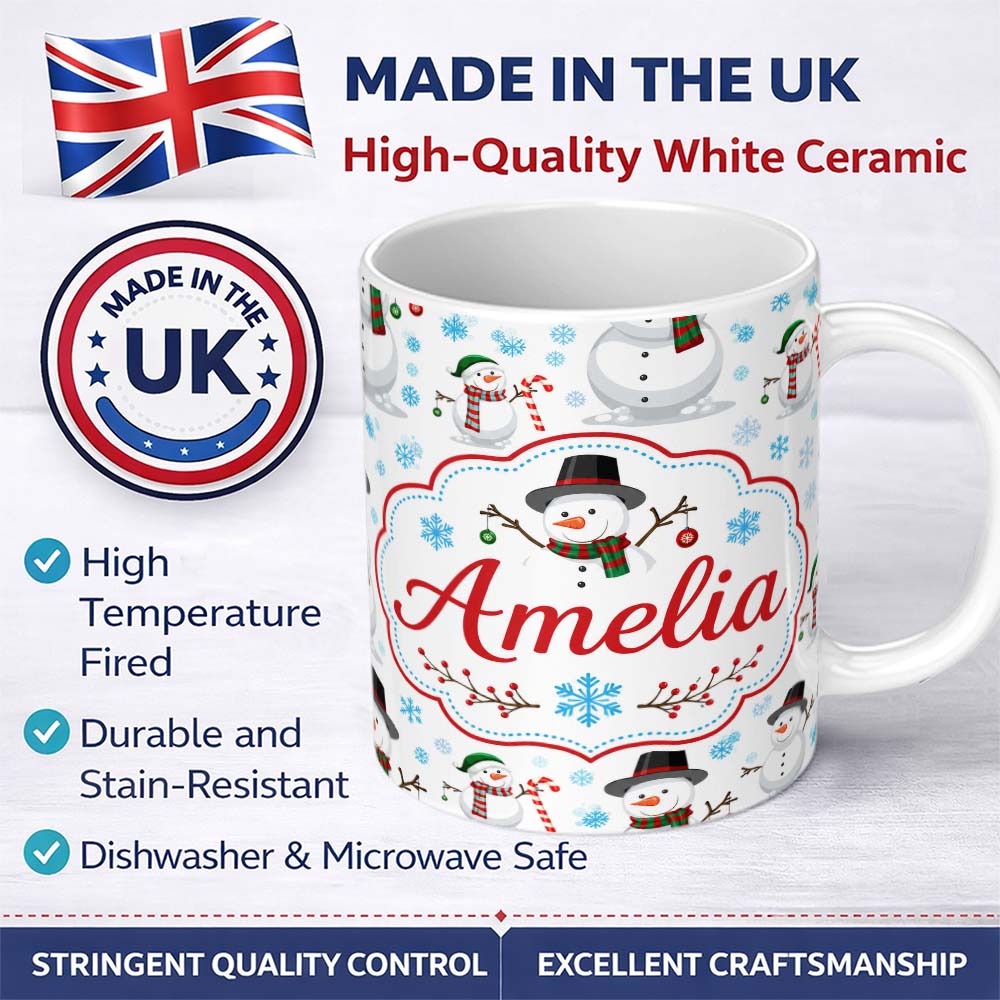 Personalized Custom Name Cute Snowman Winter Scarf Hat Snowflakes Seamless Pattern Lovely 11oz Ceramic Coffee Tea Mug White Large Handle