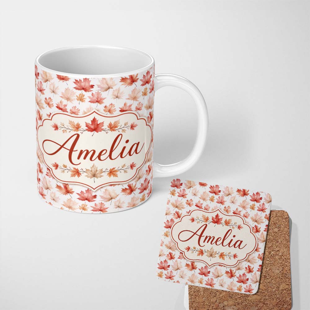 Personalized Custom Name Rich Autumn Leaves in Deep Orange and Dark Green with Berry Detail 11oz Ceramic Coffee Tea Mug White Large Handle