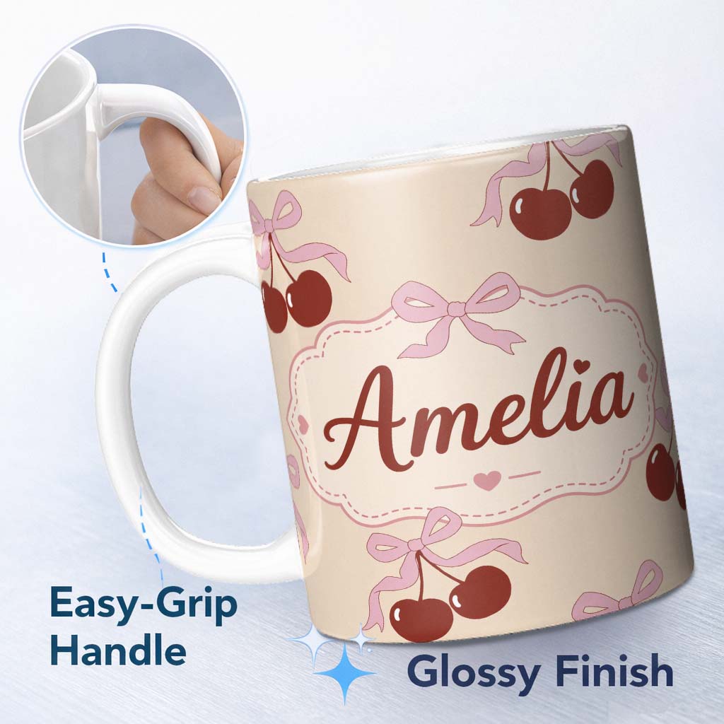 Personalized Custom Name Cherry Bow Ribbon Cute Warm Beige Neutral Background Seamless Lovely 11oz Ceramic Coffee Tea Mug White Large Handle