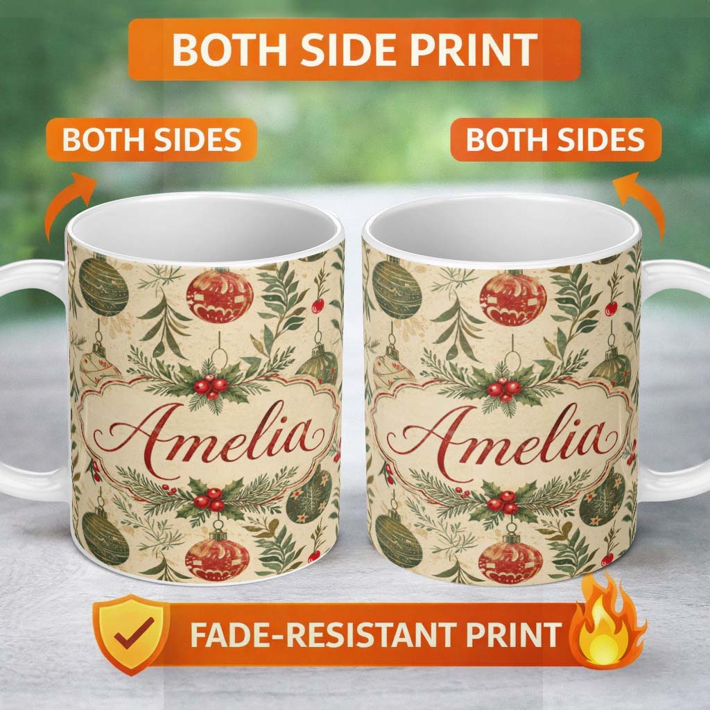 Personalized Custom Name Elegant Christmas Bauble Botanical Berry Festive Seamless Pattern 11oz Ceramic Coffee Tea Mug White Large Handle