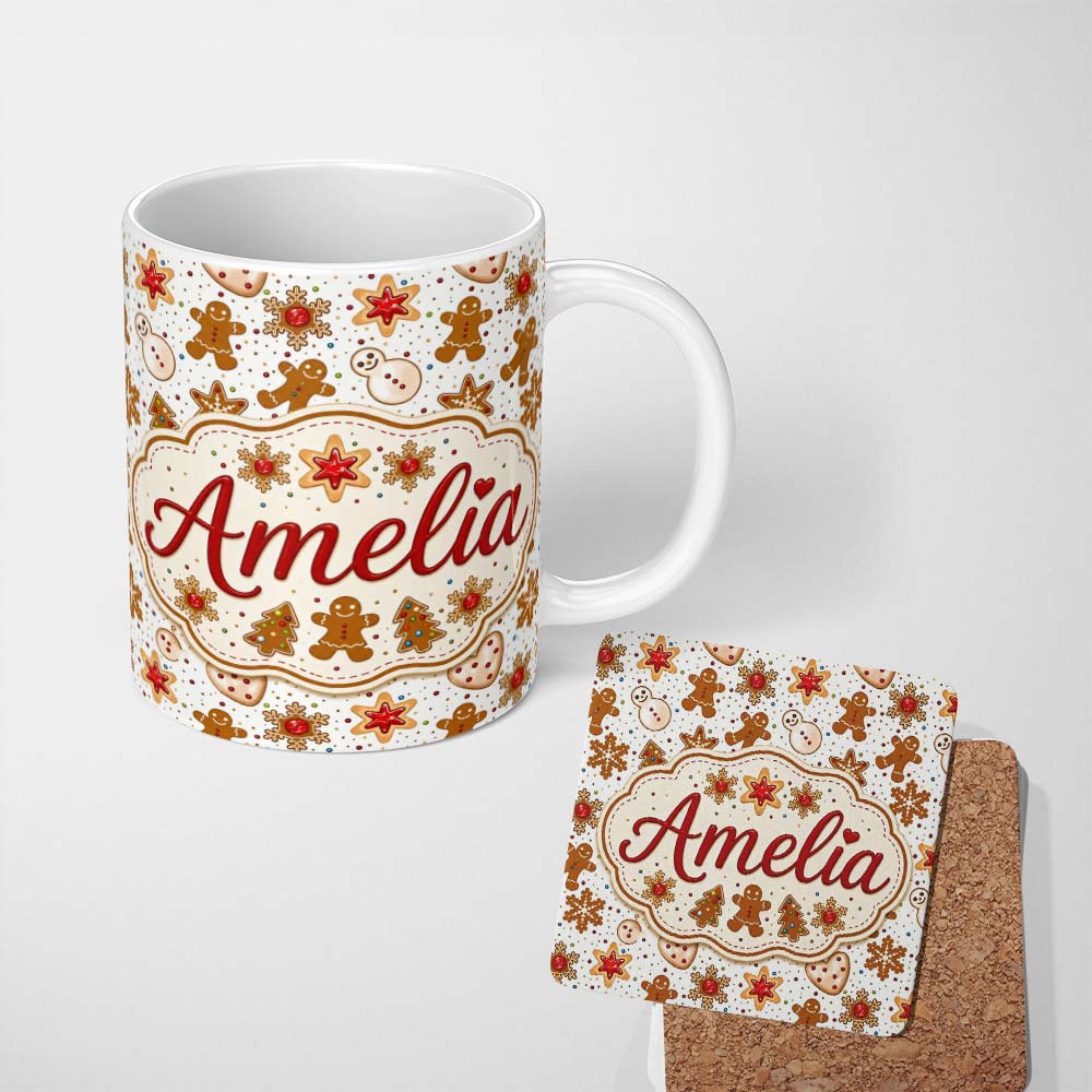 Personalized Custom Name Cute Gingerbread Cookies Stars Hearts Snowflakes Seamless Pattern 11oz Ceramic Coffee Tea Mug White Large Handle