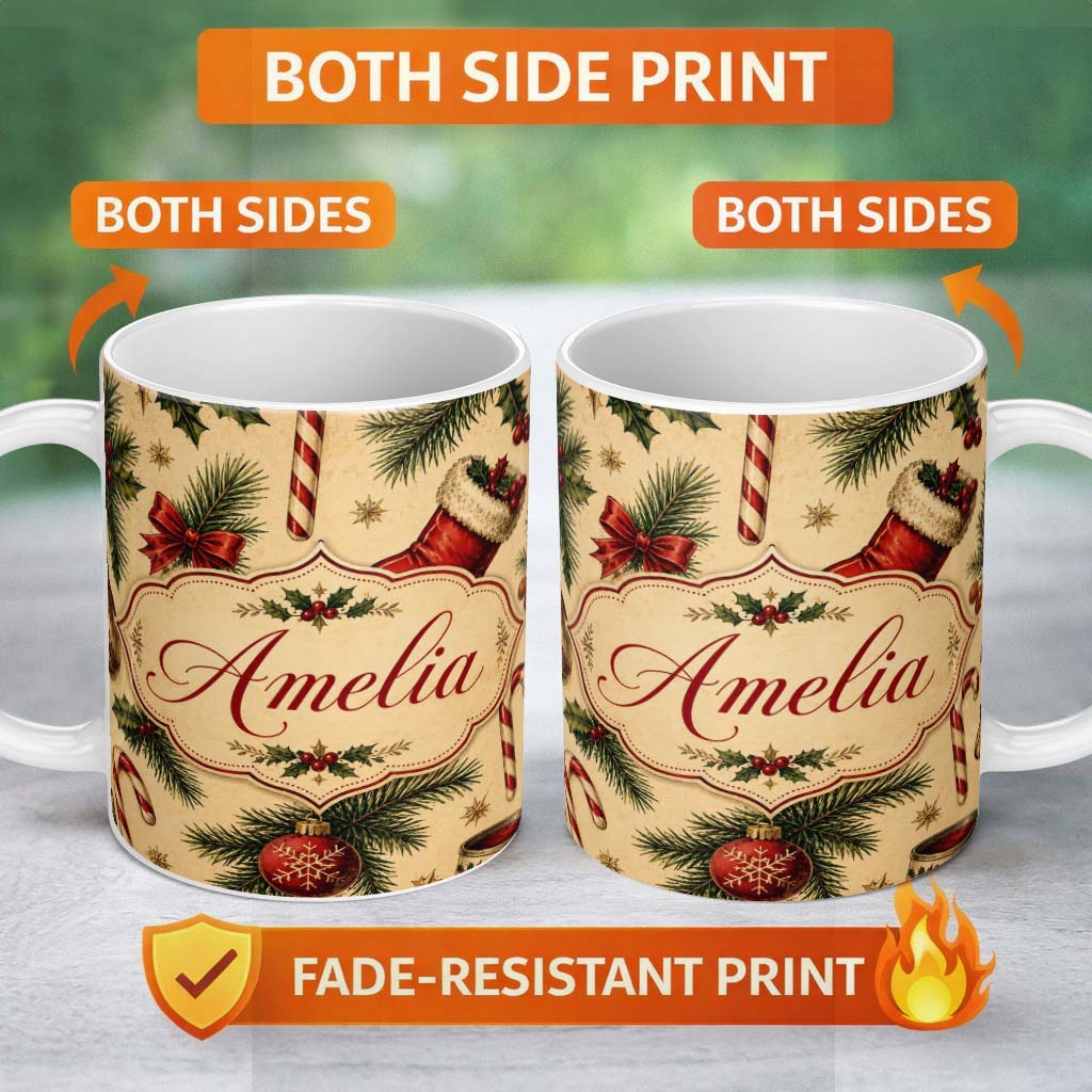Personalized Custom Name Classic Christmas Stocking Holly Pine Branch Candy Cane Seamless 11oz Ceramic Coffee Tea Mug White Large Handle