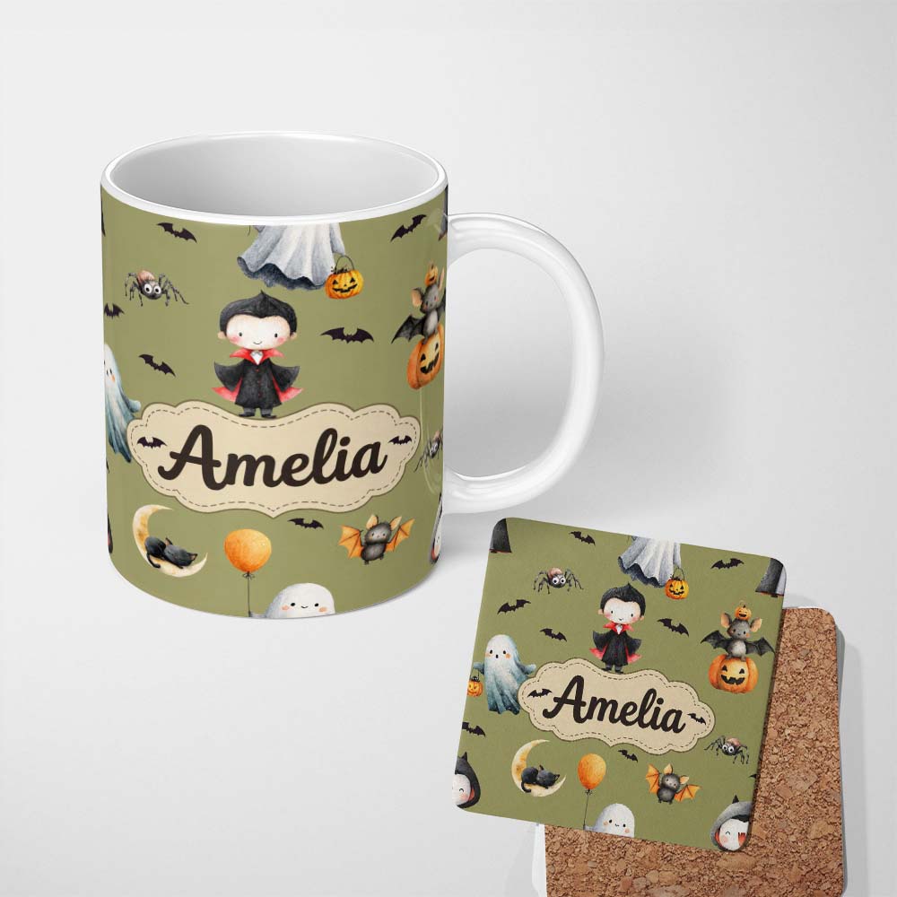 Personalized Custom Name Cute Halloween Dracula Ghost Bats on Olive Green Background Seamless 11oz Ceramic Coffee Tea Mug White Large Handle