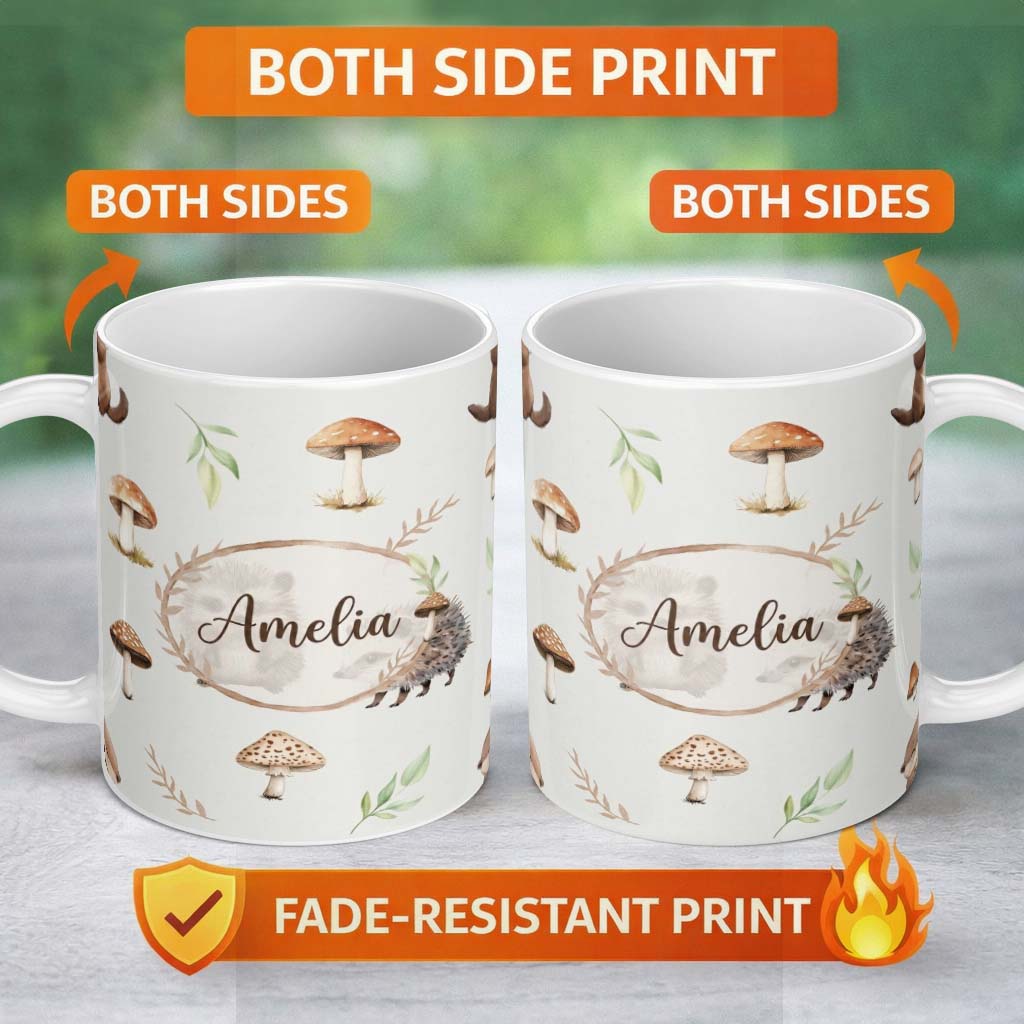 Personalized Custom Name Woodland Hedgehogs with Mushrooms Leaves Light Grey Seamless 11oz Ceramic Coffee Tea Mug White Large Handle