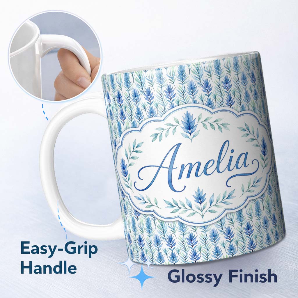 Personalized Custom Name Blue and Green Leaf Watercolor Botanical Seamless Pattern Lovely 11oz Ceramic Coffee Tea Mug White Large Handle