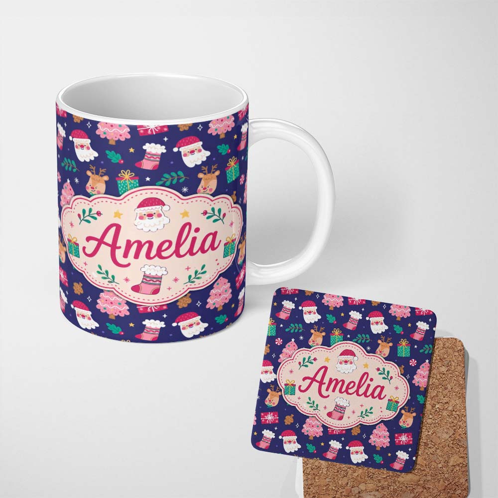 Personalized Custom Name Cute Santa Reindeer Tree Gift Dark Seamless Pattern Cute Unique Gift 11oz Ceramic Coffee Tea Mug White Large Handle