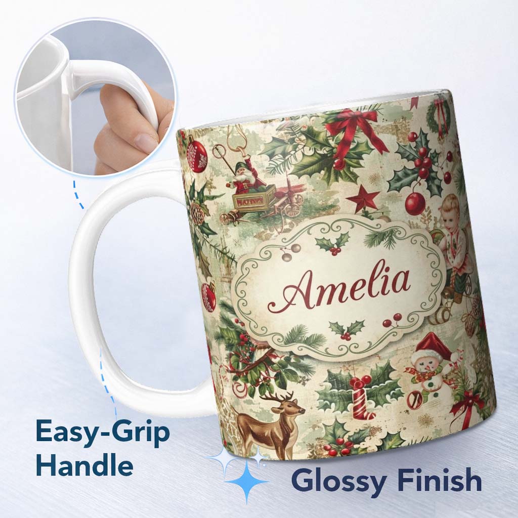 Personalized Custom Name Vintage Christmas Children Santa Tree Ornaments Holly Festive Lovely 11oz Ceramic Coffee Tea Mug White Large Handle
