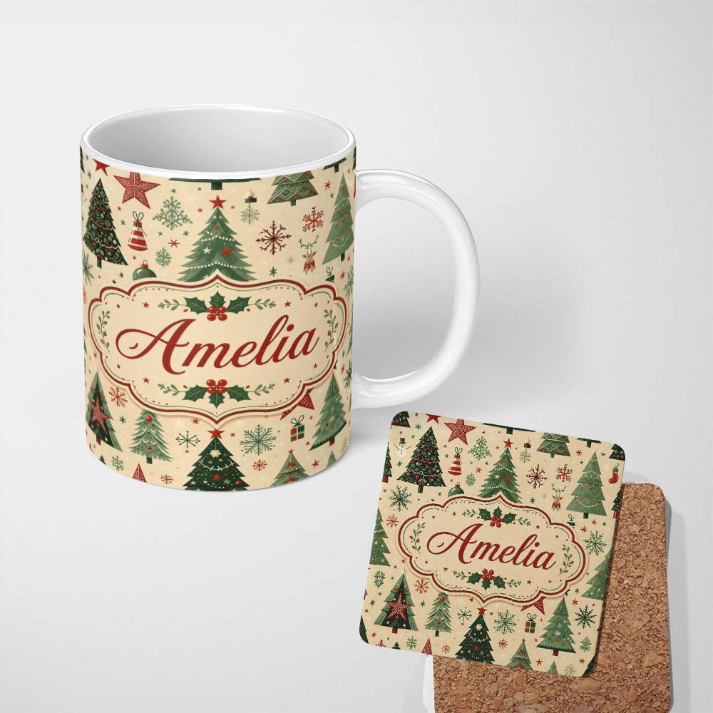 Personalized Custom Name Christmas Trees Stars Snowflakes Holiday Seamless Pattern Lovely 11oz Ceramic Coffee Tea Mug White Large Handle