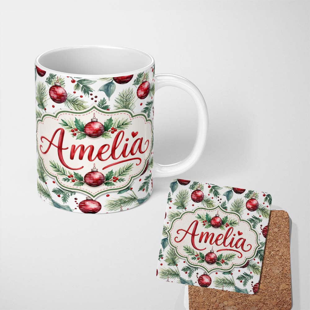 Personalized Custom Name Watercolor Red Bauble Pine Leaf Berry Holiday Seamless Pattern 11oz Ceramic Coffee Tea Mug White Large Handle